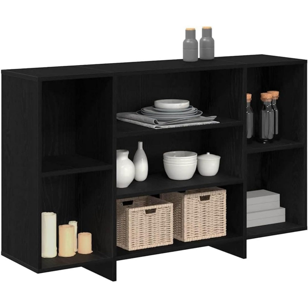 Das Sideboard misst 120 x 30 x 75 cm in Schwarz und Eichenbraun