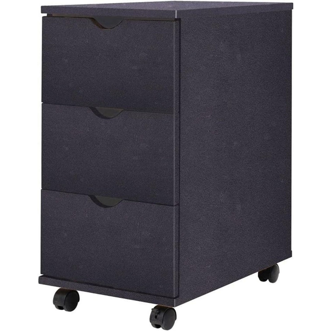 Der Hochschrank zeigt 3 Schubladen in Schwarz