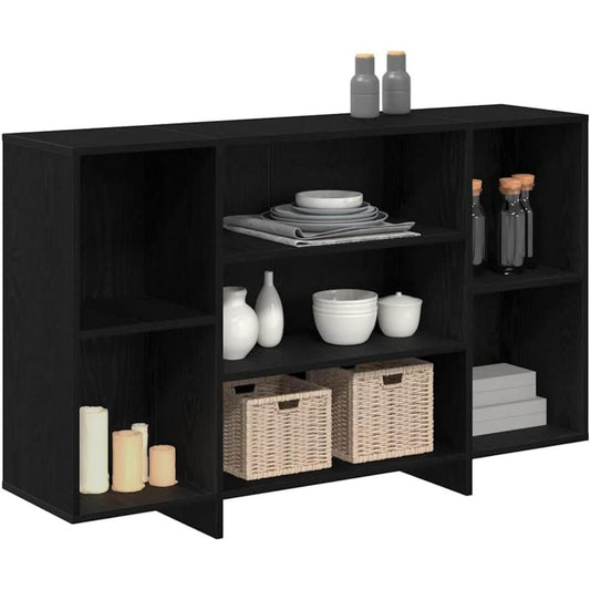 Das Sideboard misst 120 x 30 x 75 cm in Schwarz und Eichenbraun