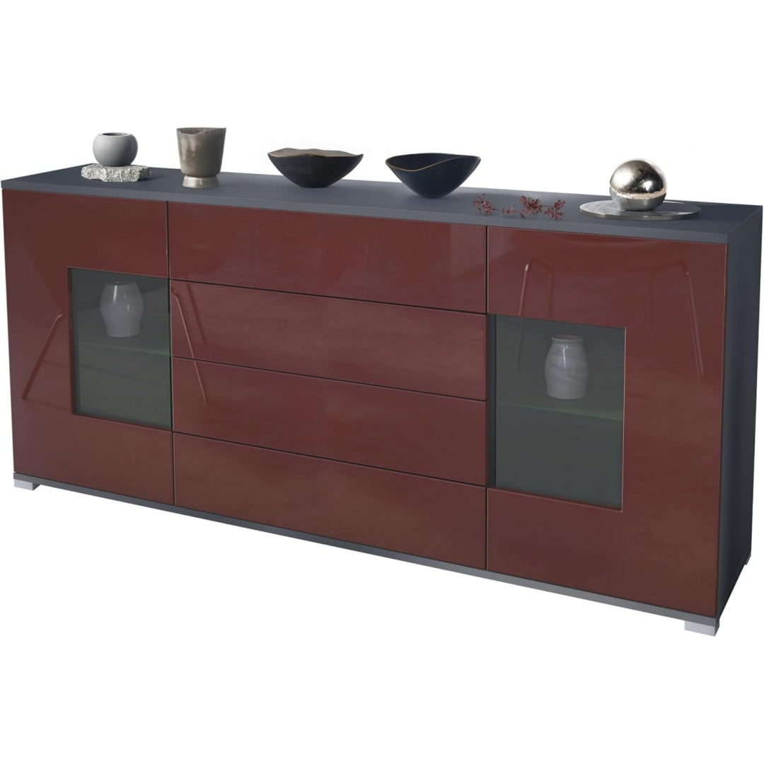 4 Schubladen und glaenzende Oberflaechen an dem Sideboard
