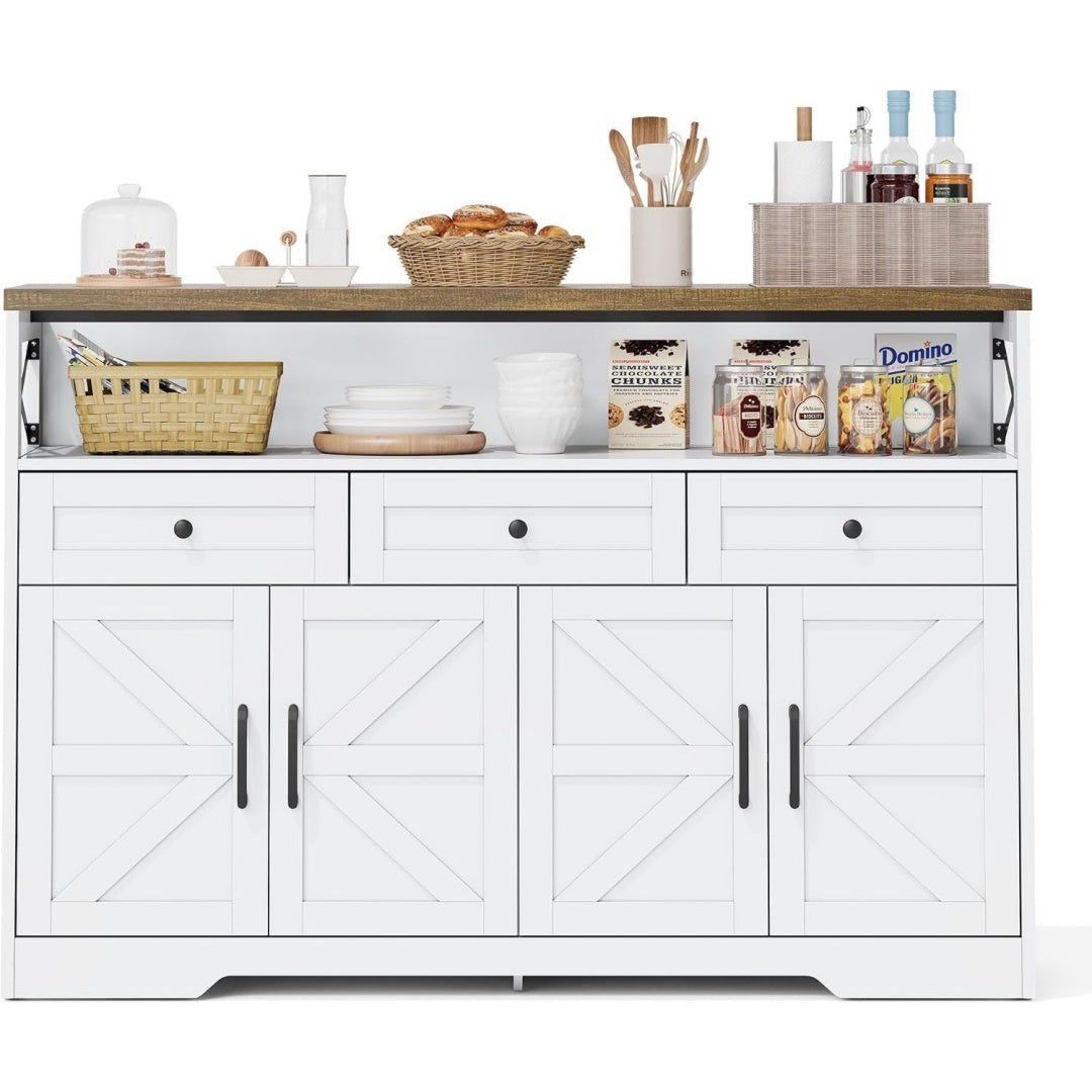 Das Sideboard zeigt Schubladen in Weiss