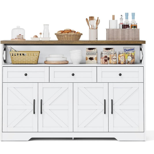 Das Sideboard zeigt Schubladen in Weiss