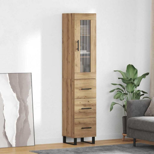Ein Metallgestell trifft auf Schubladen an dem Hochschrank