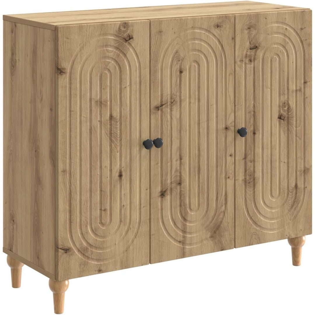 Sideboard mit 3 Tueren, Holzbeinen und Metallgriffen